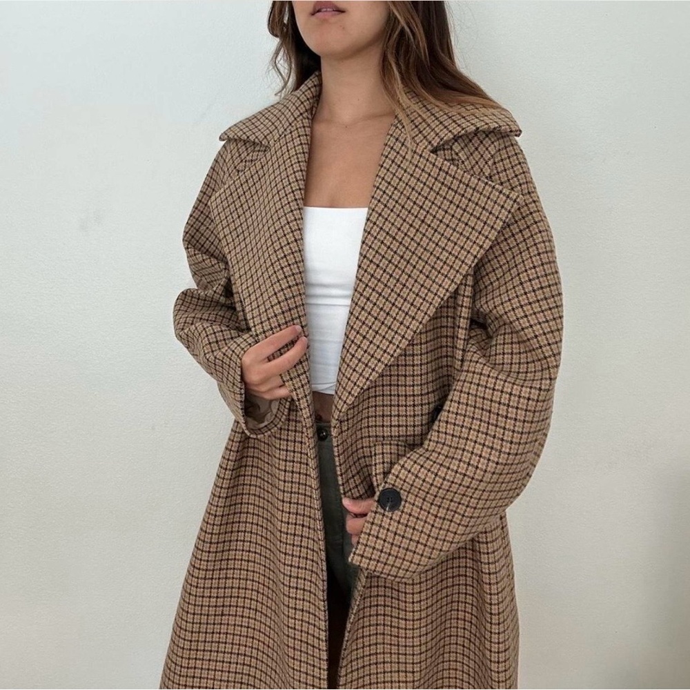 OAK + FORT Brown Checkered Wool Blend Trench Coat